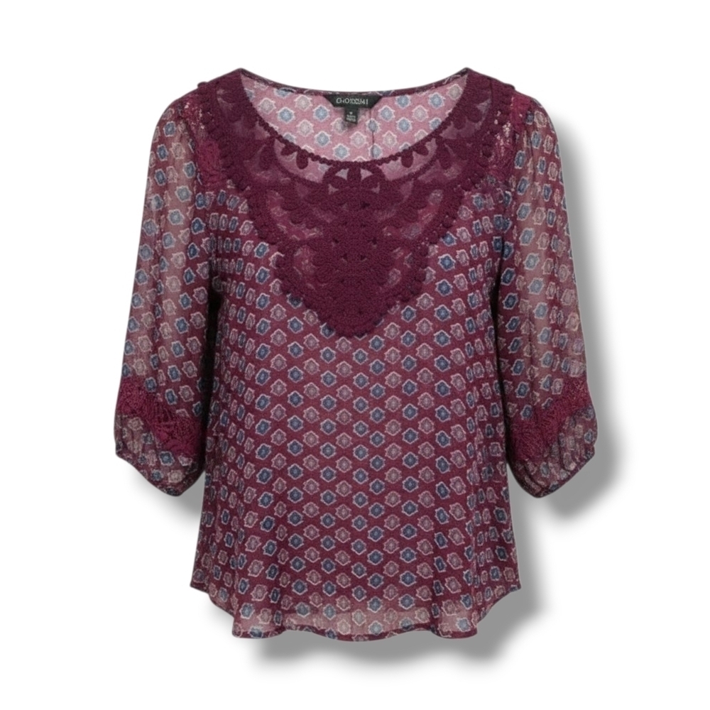 Nordstrom Bobeau Women's semi-sheer Lace Front Printed Blouse in Burgundy  large